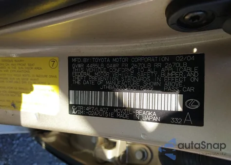 2004 Lexus Es 330 z USA, uszkodzony, nr VIN JTHBA30G340019599